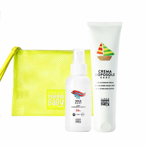 Linea MammaBaby komplekt: päikesekaitse-emulsioon SPF50 ja päevitusjärgne kreem beebidele. Tugev kaitse ja rahustav hooldus kogu perele.